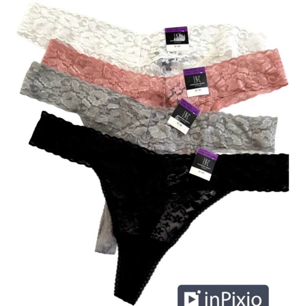 INC Concepts Lot 4pr Lace Thong Panties - Black White Gray Rose - Plus Size XXL